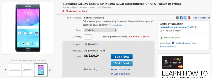 Fotografía - [Offre Alerte] Remise à neuf AT & T Samsung Galaxy Note 4 réduit à 300 $ sur eBay